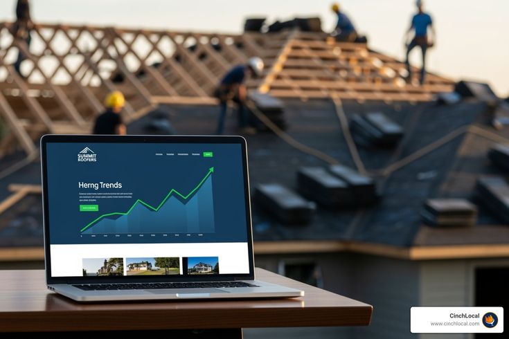 Laptop on a wooden table displays a chart with a rising green line at a construction site with workers in the background, blurred.