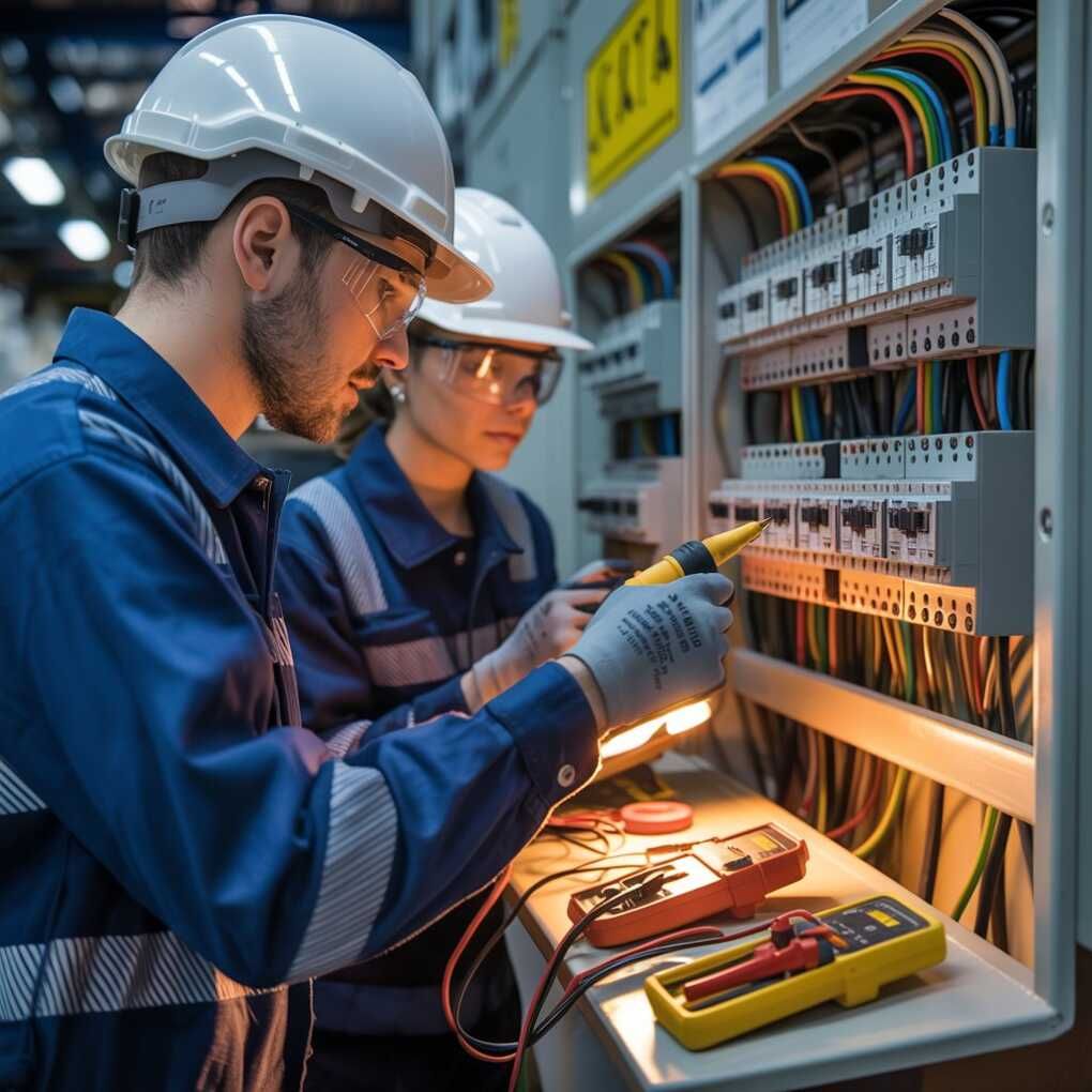 Two technicians in hard hats and safety goggles inspect an open electrical control panel, using a multimeter to test wiring.
