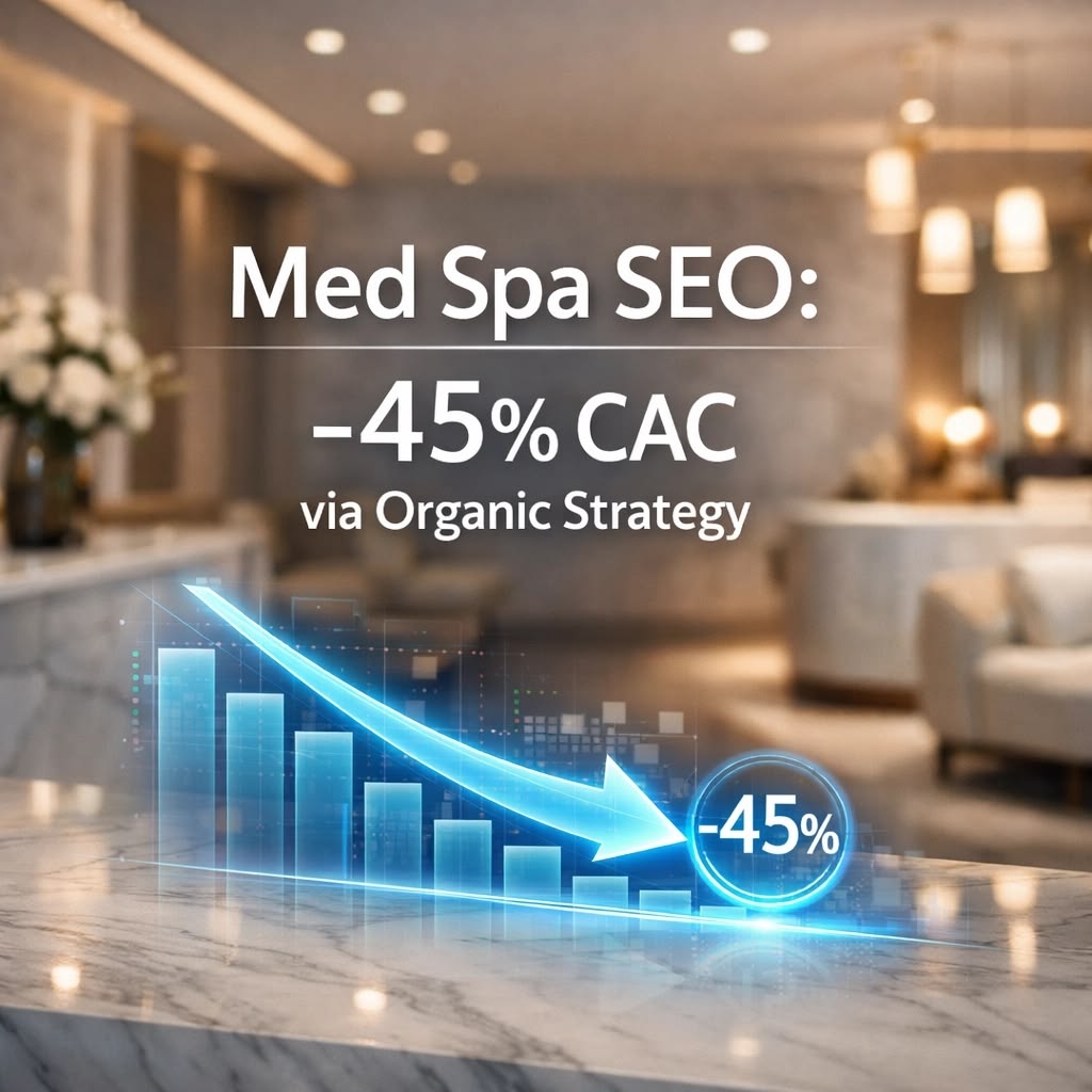e4f40ce9ad7776d362a7e66100f04143 - Kihan Marketing - Kihan Marketing Med spa SEO promotion: -45% CAC via Organic Strategy, with a blue downward-trending bar chart on a marble counter.