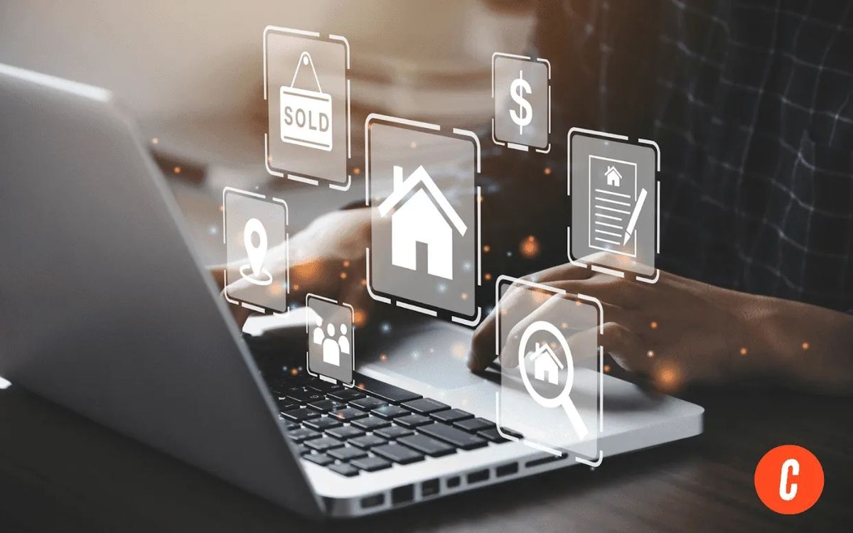 Floating real estate icons over a laptop screen showing home, listings, price, map pin, and documents for a digital dashboard.