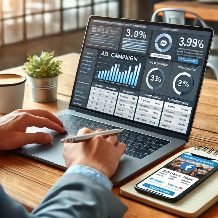 Person typing on a laptop that shows business dashboards and graphs, with a smartphone nearby on a wooden desk.