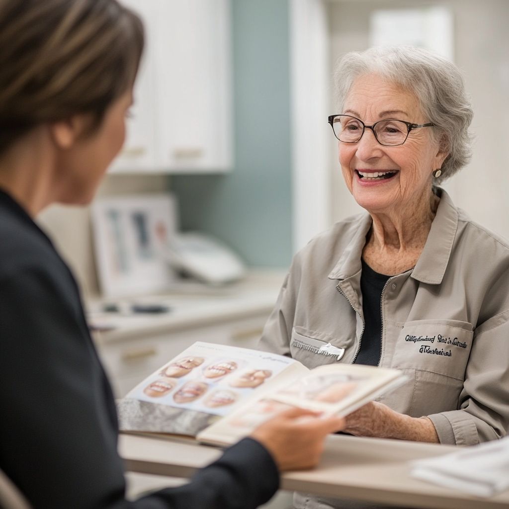 eb9c73ea58612b2088f357387030d933 - Kihan Marketing - Kihan Marketing Smiling elderly woman with gray hair and glasses shows a brochure to a person at a reception desk in a clinic-like setting.