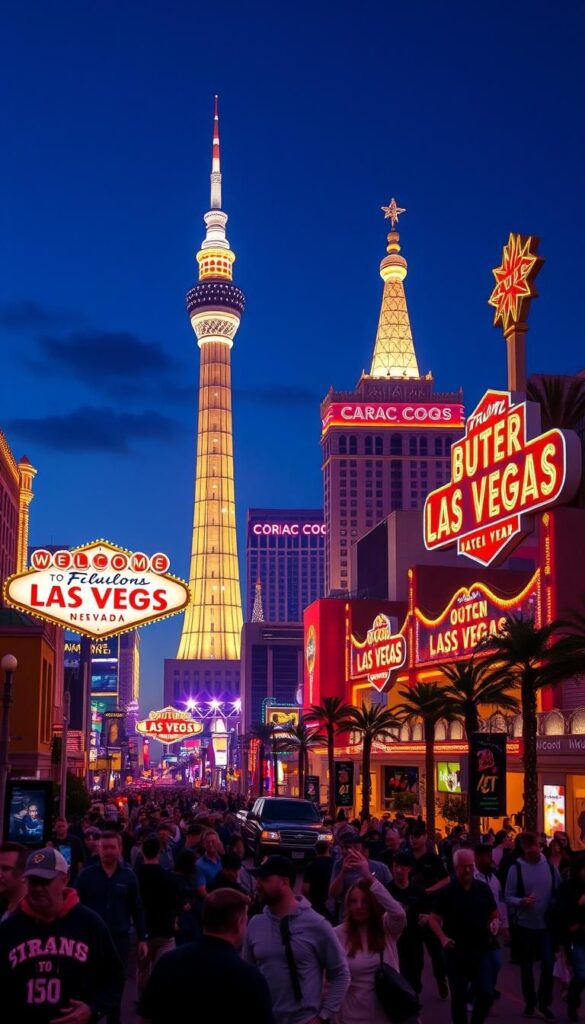 Nighttime Las Vegas Strip scene with crowds, palm trees, and brightly lit neon signs, including the Stratosphere Tower in the distance.