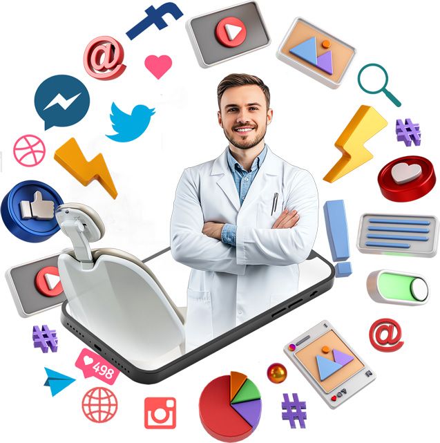 f3b8f8a6cab2dd60e1c5f6d26e723b1c - Kihan Marketing - Kihan Marketing Smiling male doctor in a white coat stands with arms crossed inside a giant smartphone, amid colorful social media icons.