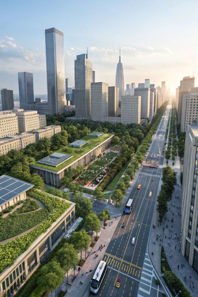 Aerial view of a modern city with tall glass skyscrapers, a green central park, and a wide tree-lined avenue with traffic.