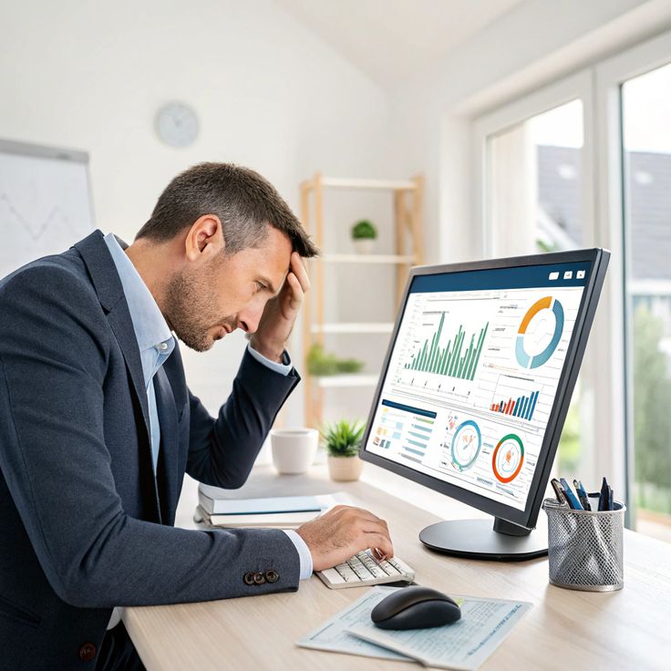 Businessman in a suit at a desk, head resting in one hand, looking at a monitor filled with charts and graphs.