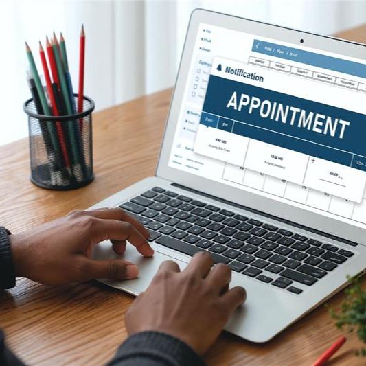Hands typing on a laptop displaying an appointment scheduling interface with a bold 'APPOINTMENT' banner on the screen.