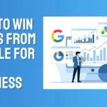 how-to-win-leads--1536x805 - Kihan Marketing Bold blue banner text reads: 'How to win leads from Google for your business' beside a white infographic with charts and two people on a desk setup.