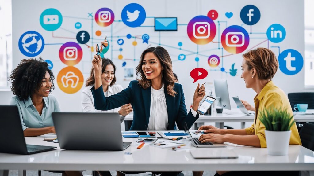 Team of four coworkers around a bright conference table; central woman raises markers while others work on laptops. A wall with colorful social media icons dominates the background.