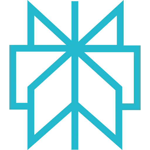 Abstract teal emblem resembling a symmetrical star or cross, with a central vertical bar and radiating diagonal arms.