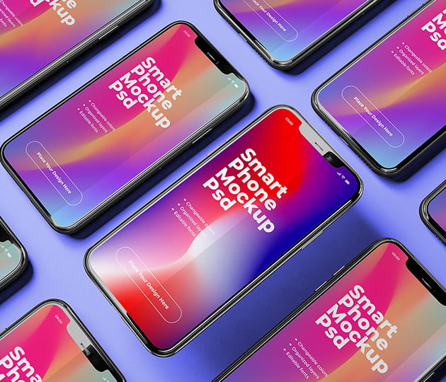 Several smartphones with colorful gradient screens displaying 'Smartphone PSD Mockup' on a purple-blue background (a product mockup scene)