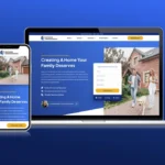 roofing-website-design-inspiration-2024-2025-1024x683 - Kihan Marketing Laptop and smartphone showing a blue construction website with a form and a family walking a dog in front of a brick home (responsively designed).