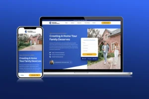 roofing-website-design-inspiration-2024-2025-1024x683 - Kihan Marketing - Kihan Marketing Laptop and smartphone showing a blue construction website with a form and a family walking a dog in front of a brick home (responsively designed).