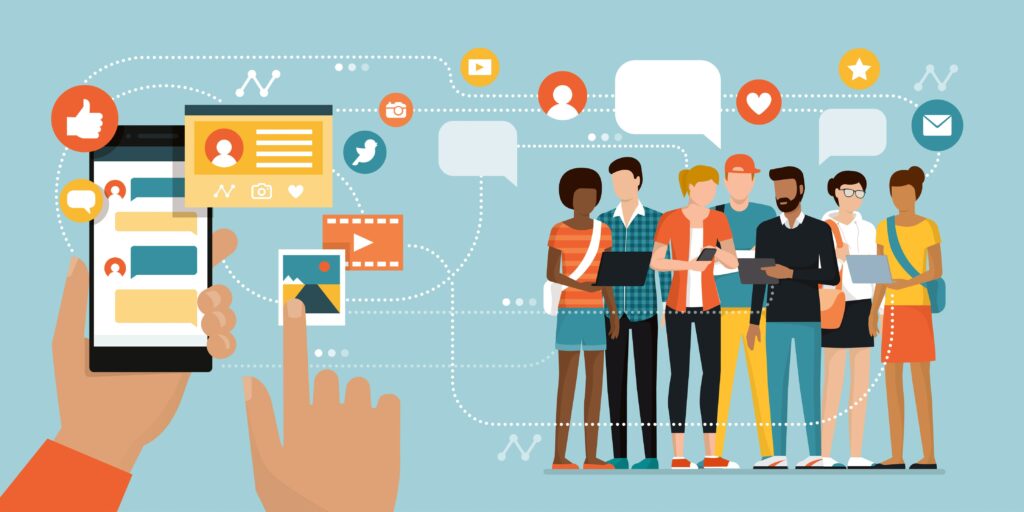 Group of diverse people using devices, connected by dotted lines and social icons to depict digital connectivity.