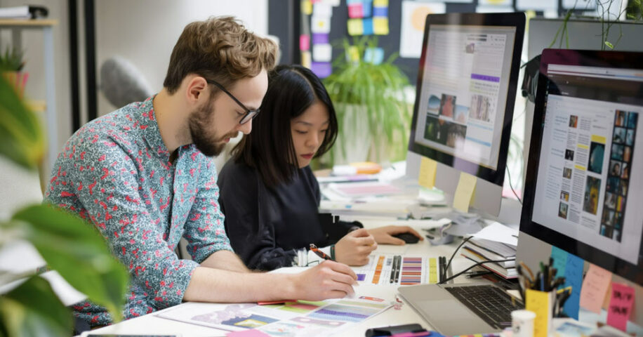 why-amateur-graphic-design-is-hurting-your-brand-and-what-to-do-about-it-916x480 - Kihan Marketing - Kihan Marketing Two designers collaborate at a shared desk, reviewing color swatches and layouts on large monitors.