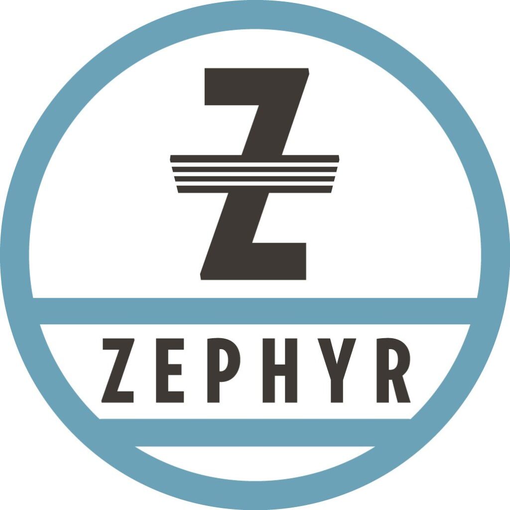 Zephyr brand logo: blue circular emblem with a stylized Z and horizontal stripes, and the word ZEPHYR beneath.