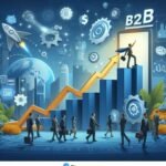 Professionals in suits walk toward a rising blue bar chart with an upward orange arrow, symbolizing business growth in a tech-themed scene.