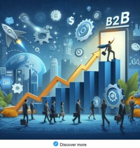 Professionals in suits walk toward a rising blue bar chart with an upward orange arrow, symbolizing business growth in a tech-themed scene.