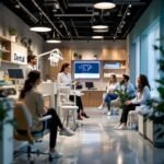 Dentist consulting with a patient in a modern dental clinic while others wait in the reception area.