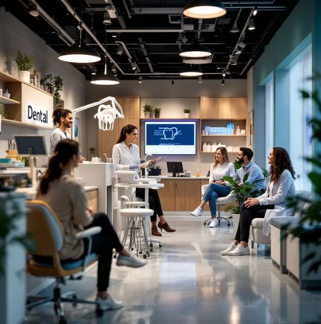 Dentist consulting with a patient in a modern dental clinic while others wait in the reception area.