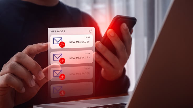 Person holds a smartphone with a red glow while viewing multiple message notifications with warning icons on screen