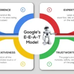 What-is-Google-EEAT - Kihan Marketing Infographic of Google’s E-E-A-T model with four colored sections (Experience, Expertise, Authoritativeness, Trustworthiness) surrounding a central circle and a small robot illustration in the middle.