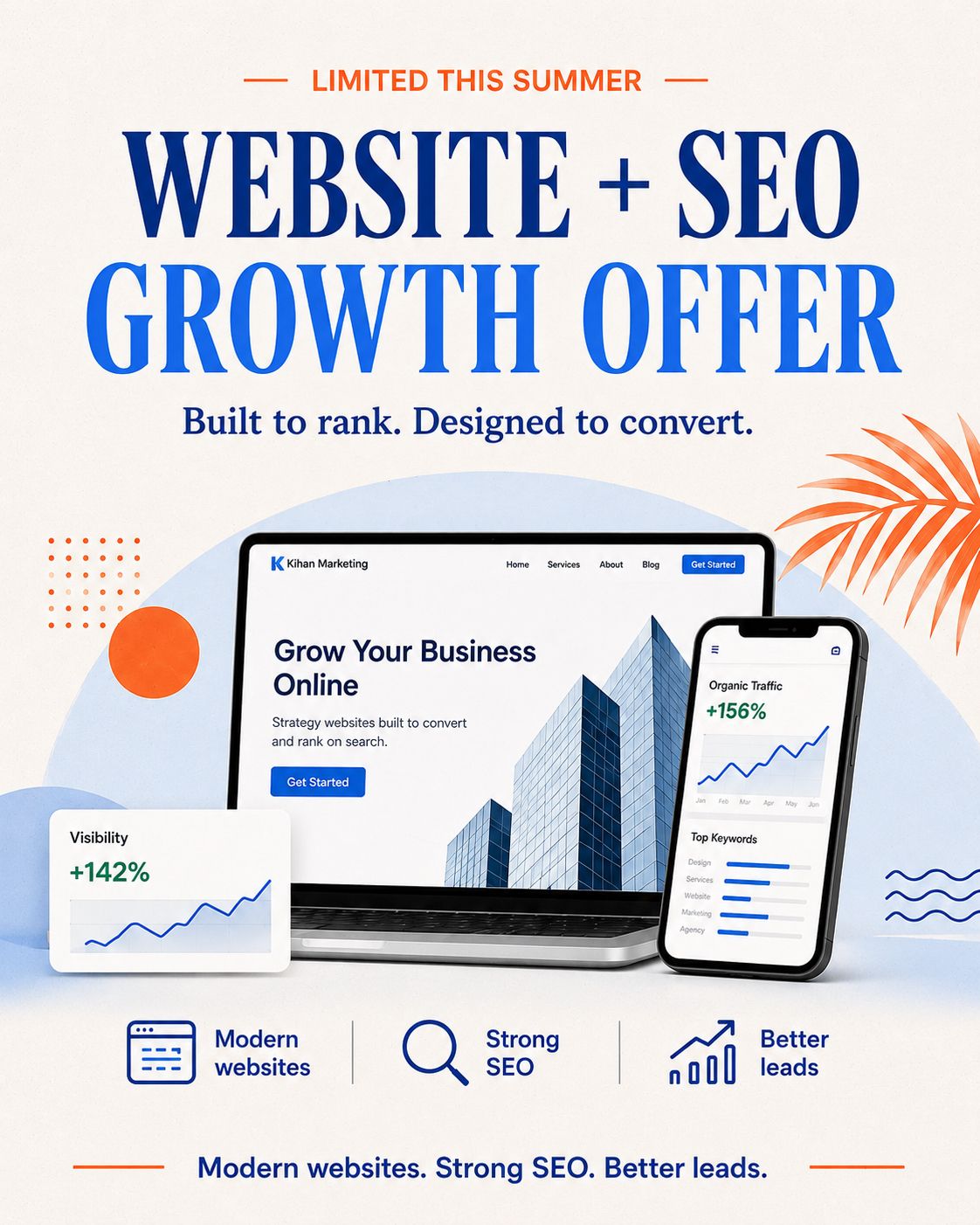 Advertising banner for Website + SEO Growth Offer showing a laptop and a smartphone displaying a marketing dashboard and blue building imagery with the headline 'Grow Your Business Online'.