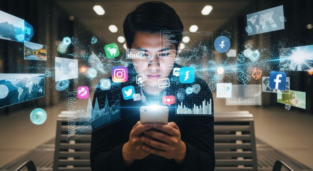 Young man using a smartphone with holographic social media icons and charts projected around him, symbolizing digital analytics and connectivity.