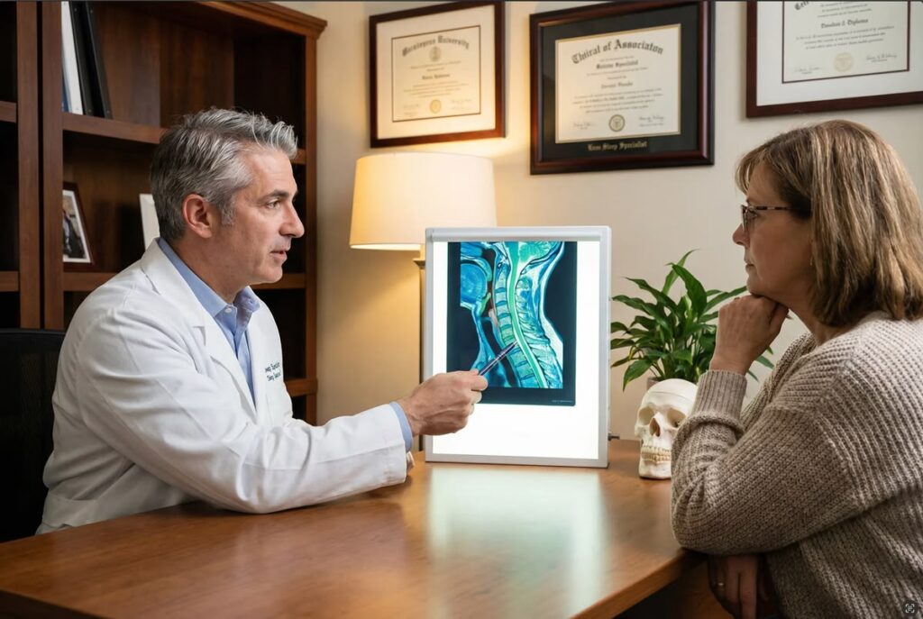 Doctor in a white coat explains a spinal MRI image on a lightbox to a female patient in a clinic setting.