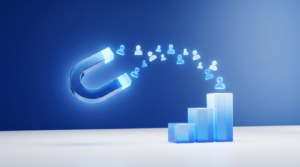 A magnet attracting people icons toward a ranked podium representing best lead generation strategies