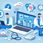 c6091019586aa9d7cd52daed60698cbb - Kihan Marketing Two doctors sit beside a large laptop displaying medical data and charts, surrounded by medical icons, a stethoscope, a bottle, and a first-aid kit.