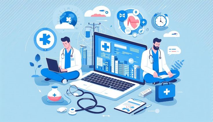 Two doctors sit beside a large laptop displaying medical data and charts, surrounded by medical icons, a stethoscope, a bottle, and a first-aid kit.