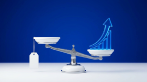 A balance scale with a price tag and a growth chart representing cheap versus affordable SEO