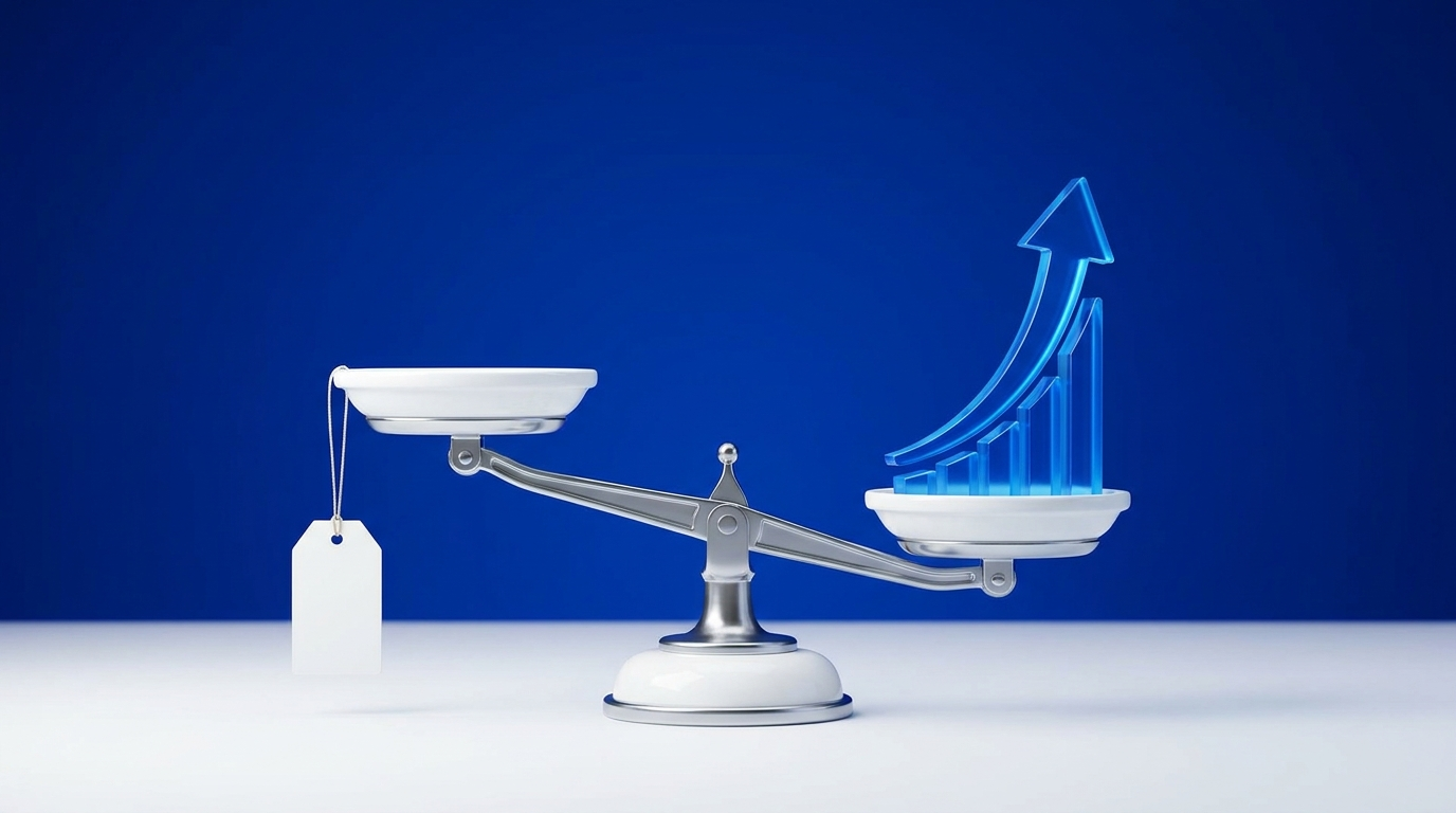 cheap-vs-affordable-seo - Kihan Marketing - Kihan Marketing A balance scale with a price tag and a growth chart representing cheap versus affordable SEO