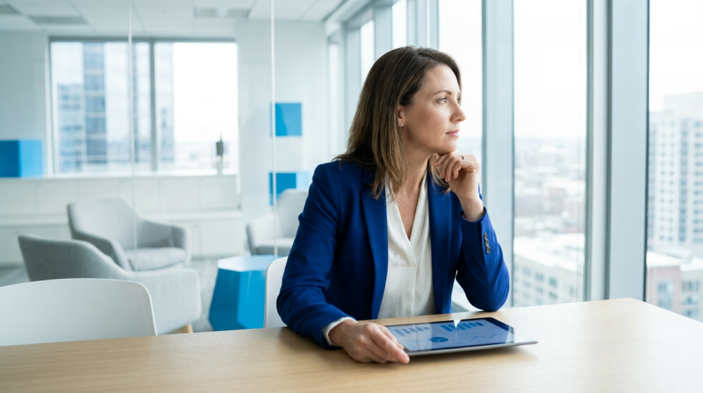 Professional woman in a blue blazer sits at a wooden table, looking out the window with a tablet in front of her.
