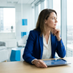choosing-a-digital-marketing-agency - Kihan Marketing Professional woman in a blue blazer sits at a wooden table, looking out the window with a tablet in front of her.