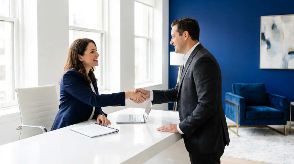 Woman in a navy blazer and man in a gray suit shake hands across a white reception desk in a bright office.