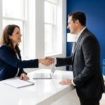 Woman in a navy blazer and man in a gray suit shake hands across a white reception desk in a bright office.