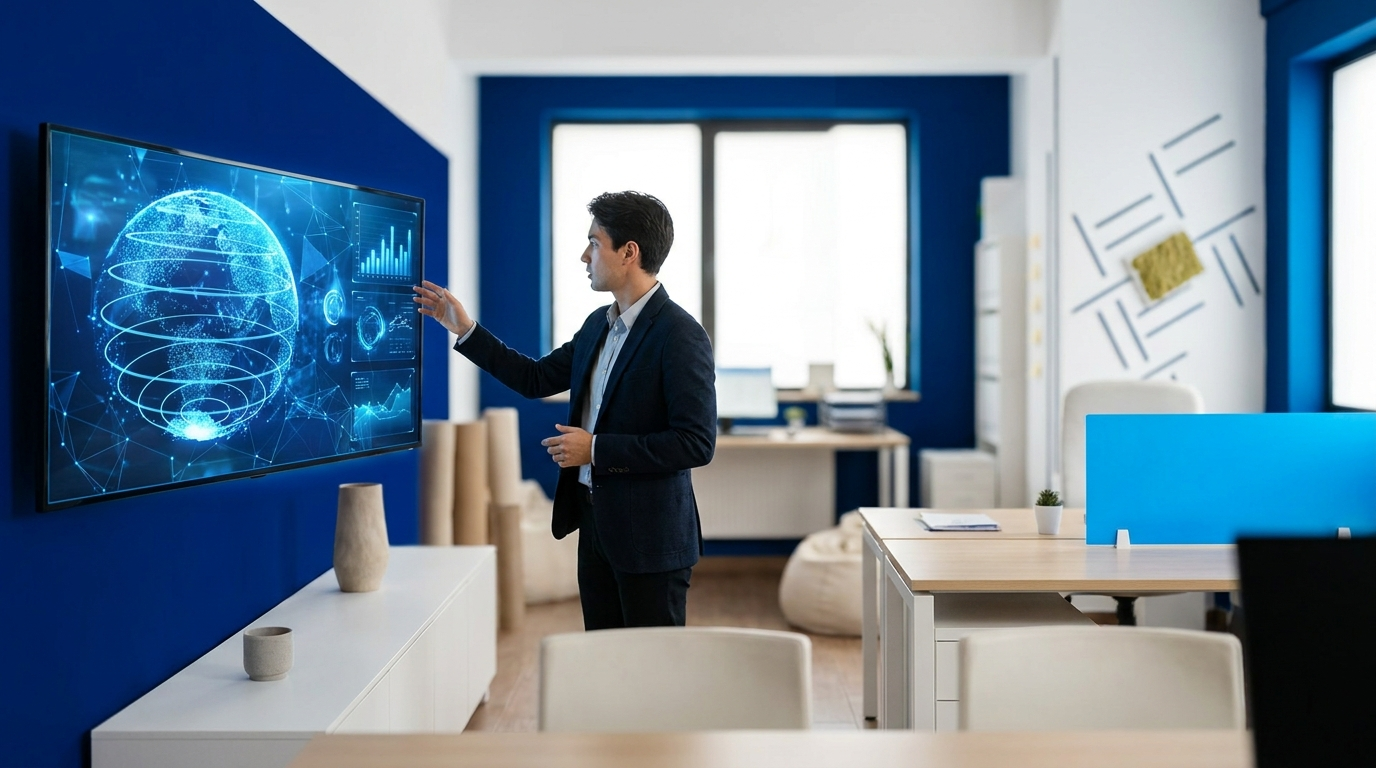 Man in a suit points at a large wall screen displaying a glowing blue globe and charts in a blue-walled office.