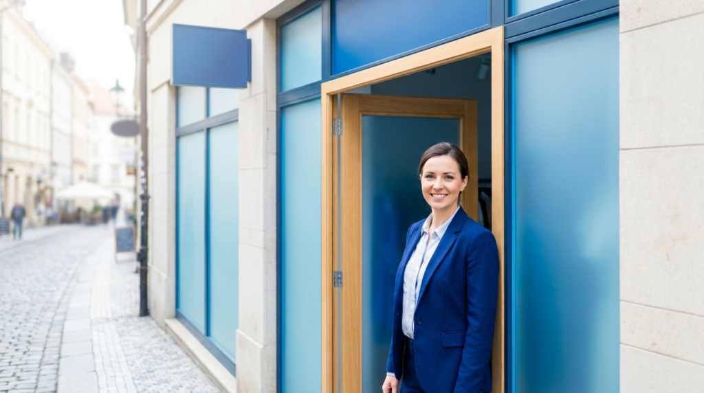 Smiling businesswoman in a blue blazer stands in an open doorway of a modern building on a cobblestone street.