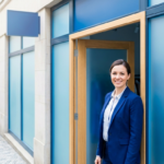 Smiling businesswoman in a blue blazer stands in an open doorway of a modern building on a cobblestone street.