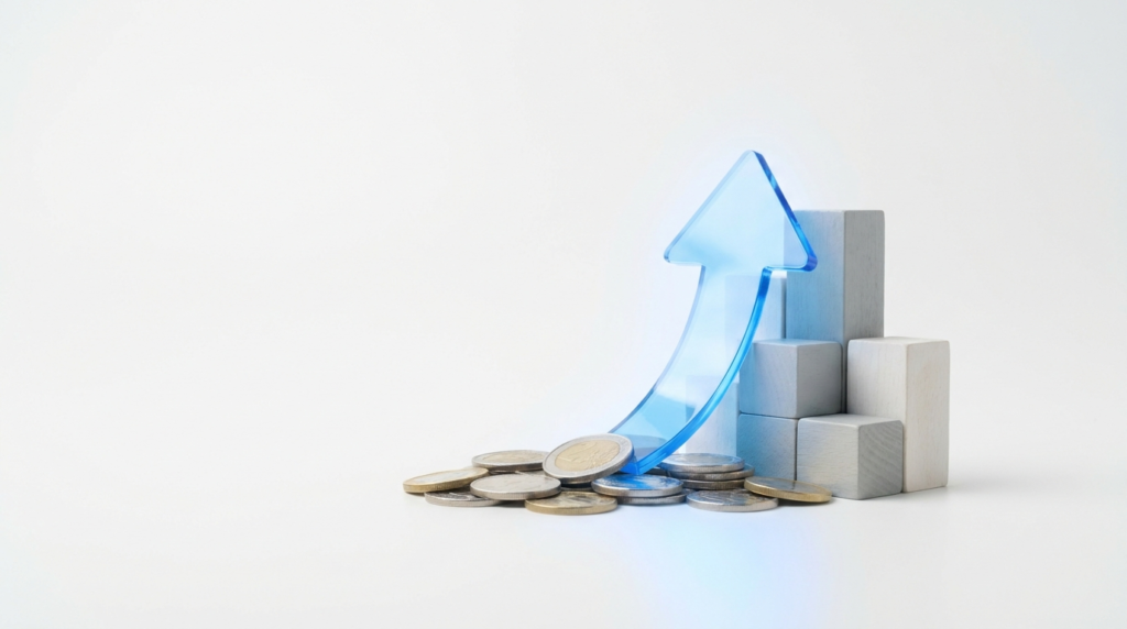 Blue translucent upward arrow with stacked wooden blocks and coins, signifying financial growth or rising savings