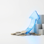 digital-marketing-roi-growth - Kihan Marketing Blue translucent upward arrow with stacked wooden blocks and coins, signifying financial growth or rising savings