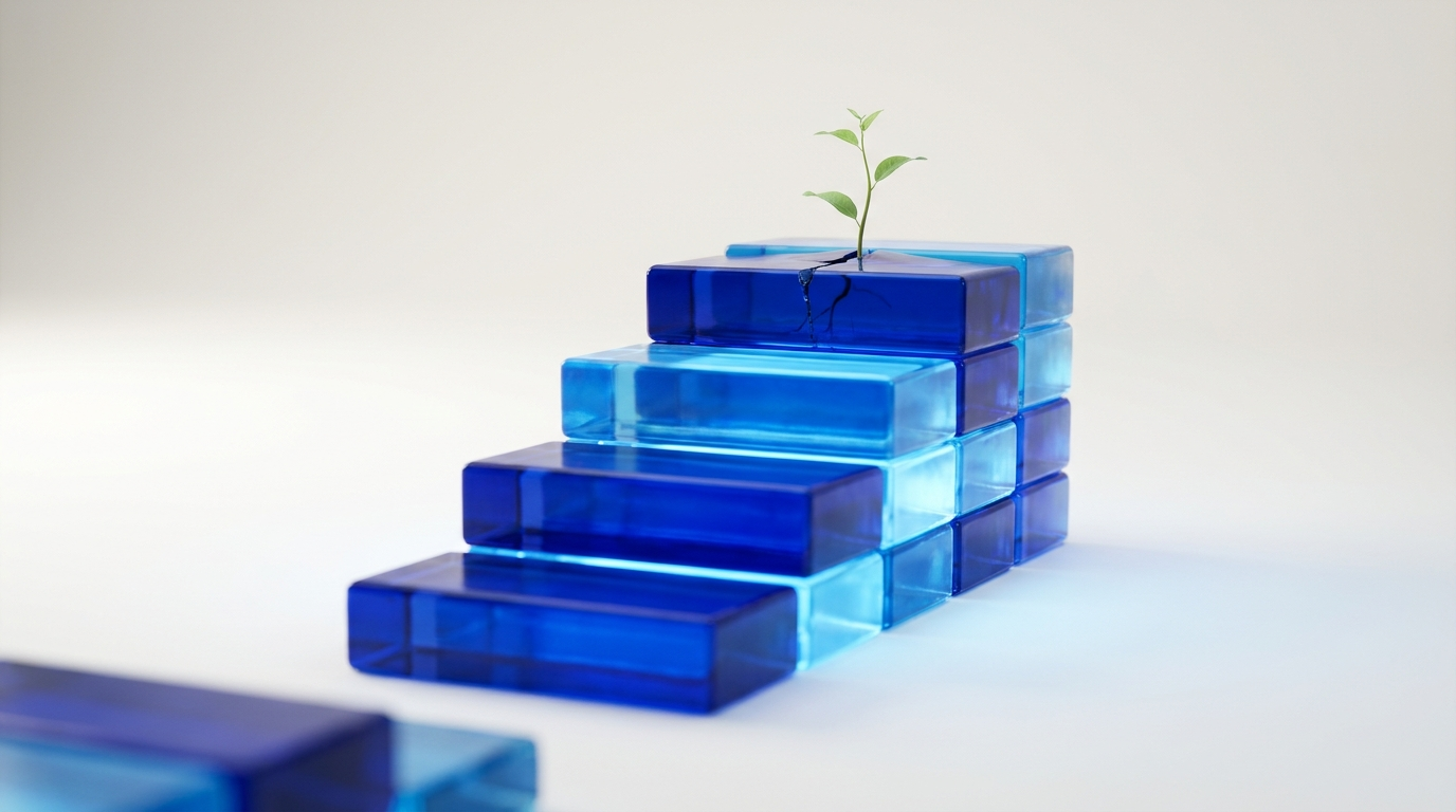 Stack of translucent blue blocks forming a staircase with a small green sprout growing from the top block
