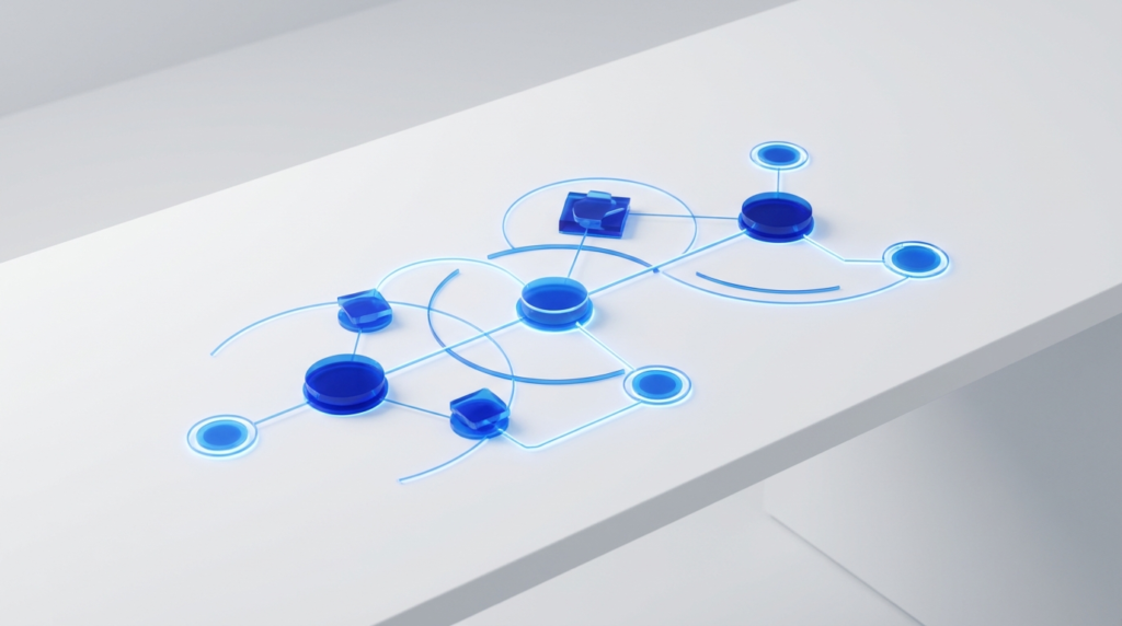 A glowing strategy roadmap with connected nodes representing a digital marketing strategy