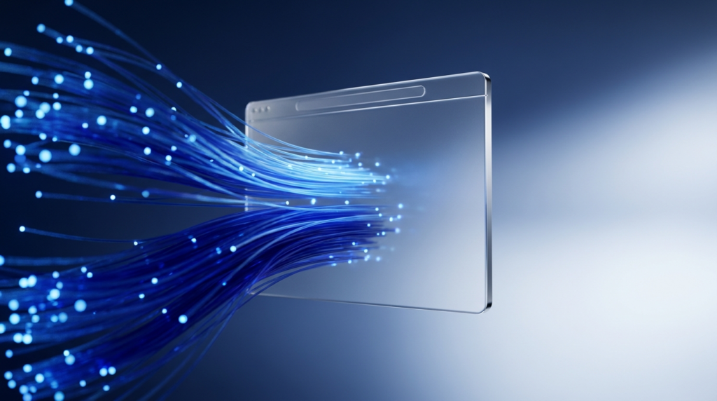 Futuristic transparent screen with blue fiber-optic streams entering from the left, symbolizing fast digital data transfer.