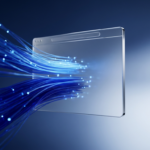 digital-marketing-website-traffic-growth - Kihan Marketing Futuristic transparent screen with blue fiber-optic streams entering from the left, symbolizing fast digital data transfer.