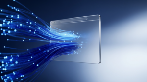 Futuristic transparent screen with blue fiber-optic streams entering from the left, symbolizing fast digital data transfer.