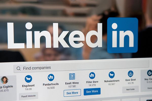 LinkedIn logo with a blurred workspace on the screen showing a Find companies search bar and 'See More' buttons beneath company icons.