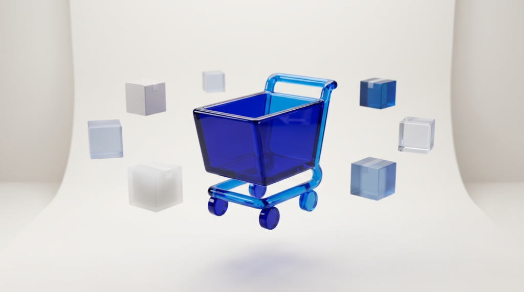 Blue translucent shopping cart surrounded by floating cubes, suggesting online shopping or product selection.